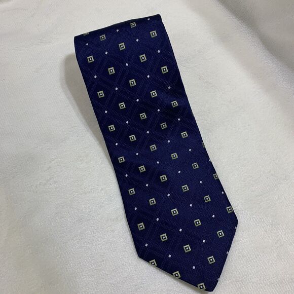 Nordstrom Necktie Silk Navy Blue Yellow Tie Geometric Diamonds Squares USA Corp - Picture 6 of 9